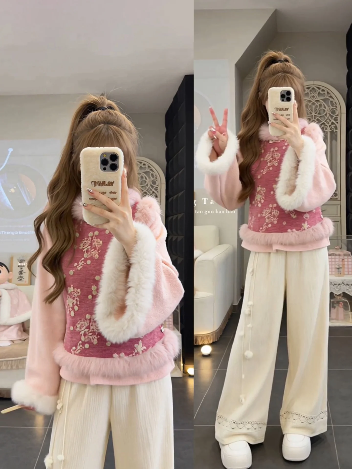 

Зимний комплект из трех предметов: женские повседневные брюки оверсайз, многослойный жилет-топ, китайский стиль, теплый модный ансамбль с высокой талией