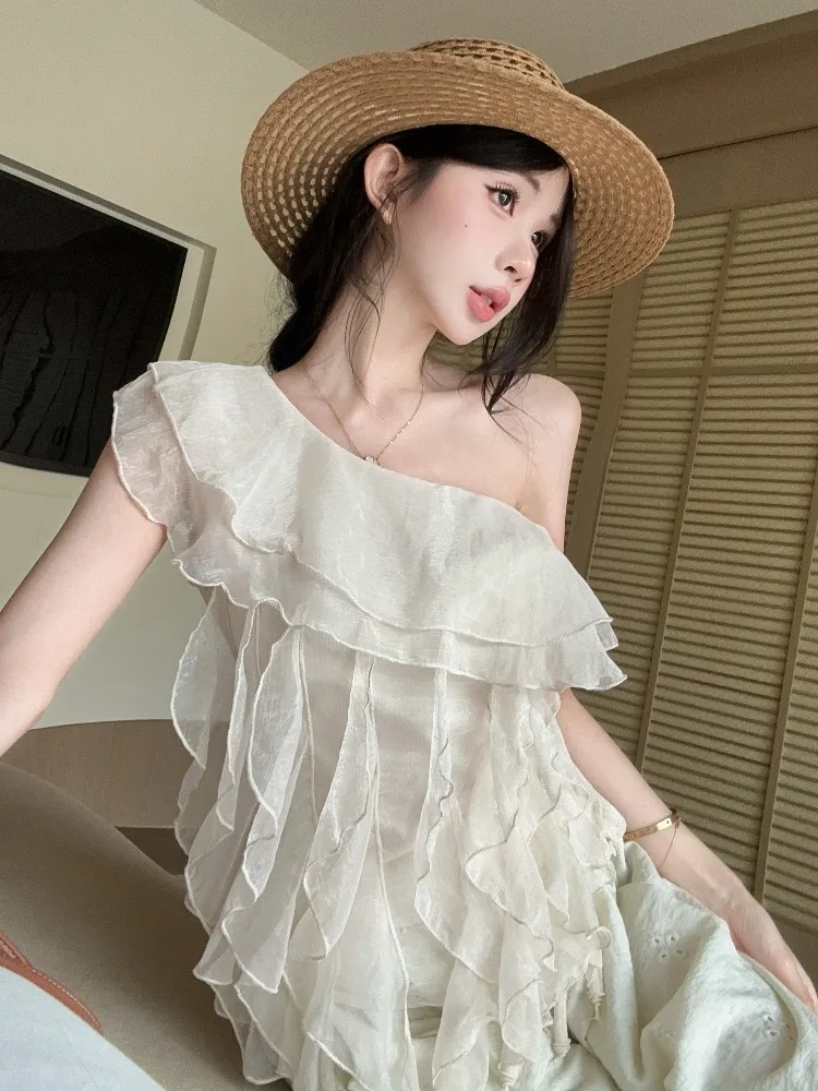 

Elegant Lace Trim Shoulder Bridesmaid Top Women's Summer Fashion Asymmetrical Short Length Chiffon Shirt Design Sensation Fai...