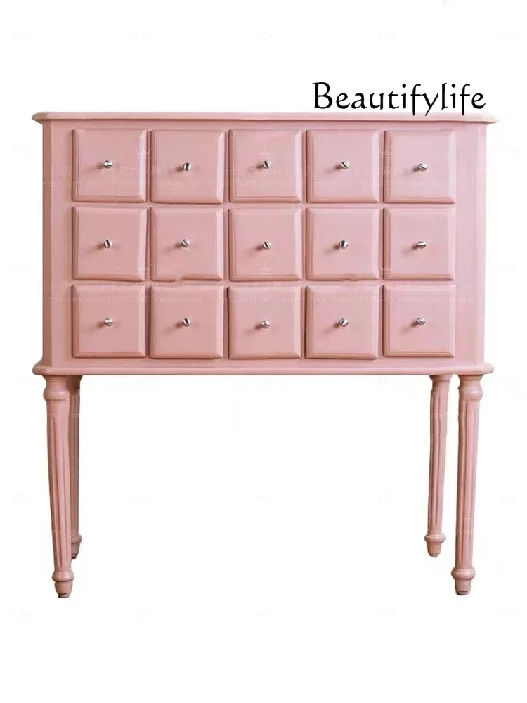 French Retro Solid Wood Multi-Drawer Hallway Locker Pink Multi-Functional Storage Grid Cabinet