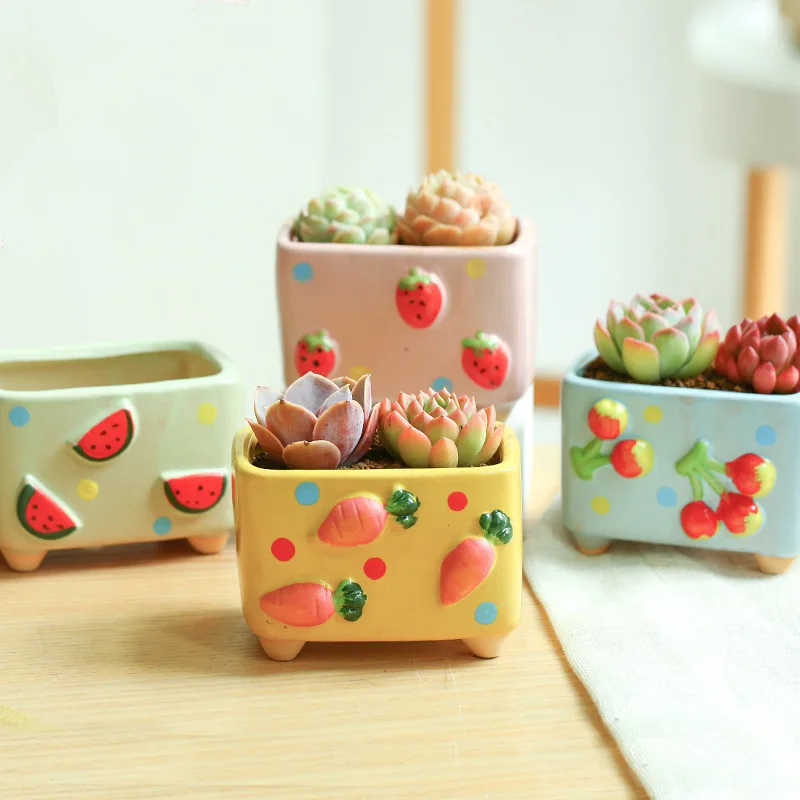 Pastoral Succulents Relief Fruit Flowerpot Ceramic Simple Bonsai Desktop Green Plants