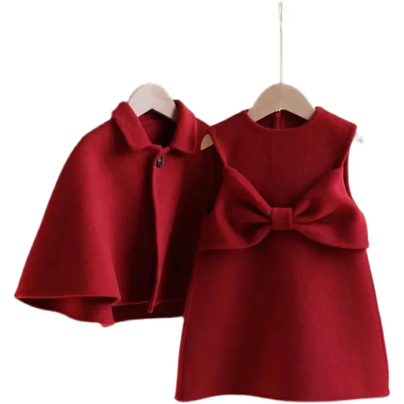 Girls Set Children Clothing 2024 New Year Girls Cloak Bow Vest Dress Set Children Baby Elegant Birthday Dress