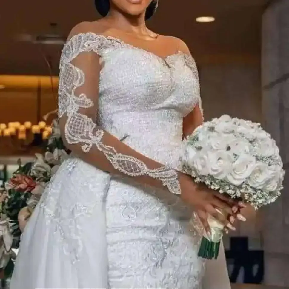 Vestido de novia de cola desmontable de sirena africana, moda personalizada, manga larga, encaje Retro, cola de pez nupcial, 2024