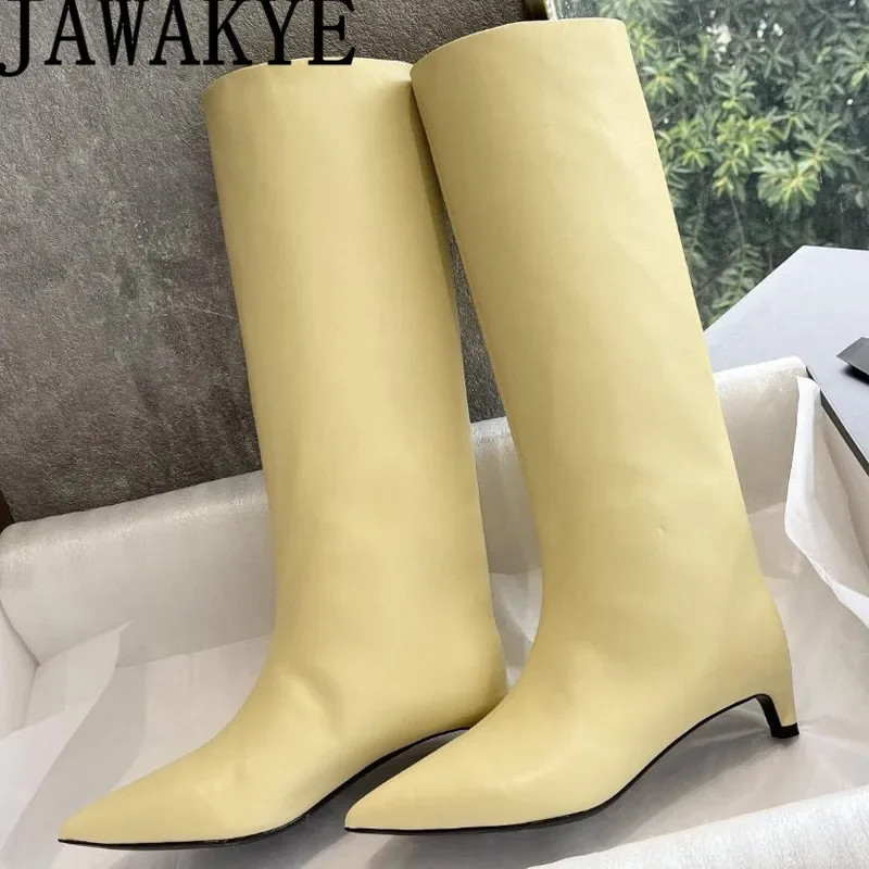 Moda Pointy Toe Women Knee High Boots Kitten Heel Formal Shoes Winter Runway Dress Long Boots Genuine Leather