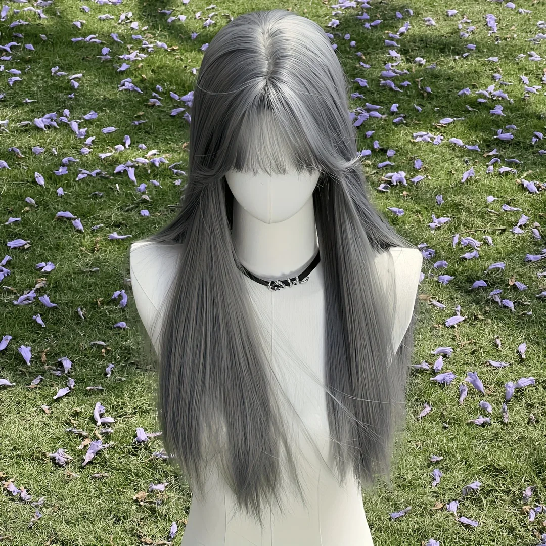 New Silver Gray Long Straight Hair Chemical Fiber Synthetic Wig Neat Bangs Matte Long Straight Hair Wig Women's Universal Wig