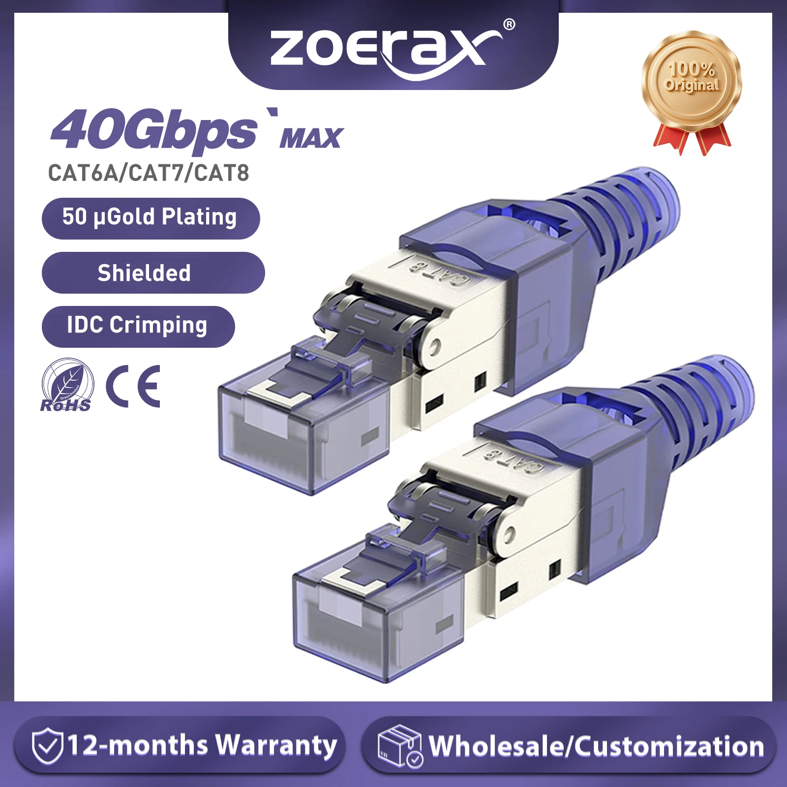 

RJ45 CAT8 Cat7 CAT6A Connector Tool-Free, ZoeRax Toolless RJ45 Termination Plug Reusable Shielded for Ethernet Cables 10Gbps POE