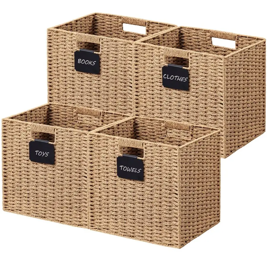 

Набор из 4 плетеных корзин, 1212 кубов для хранения с этикетками, складной контейнер для хранения с ручкой, квадратная корзина для хранения на полках, W