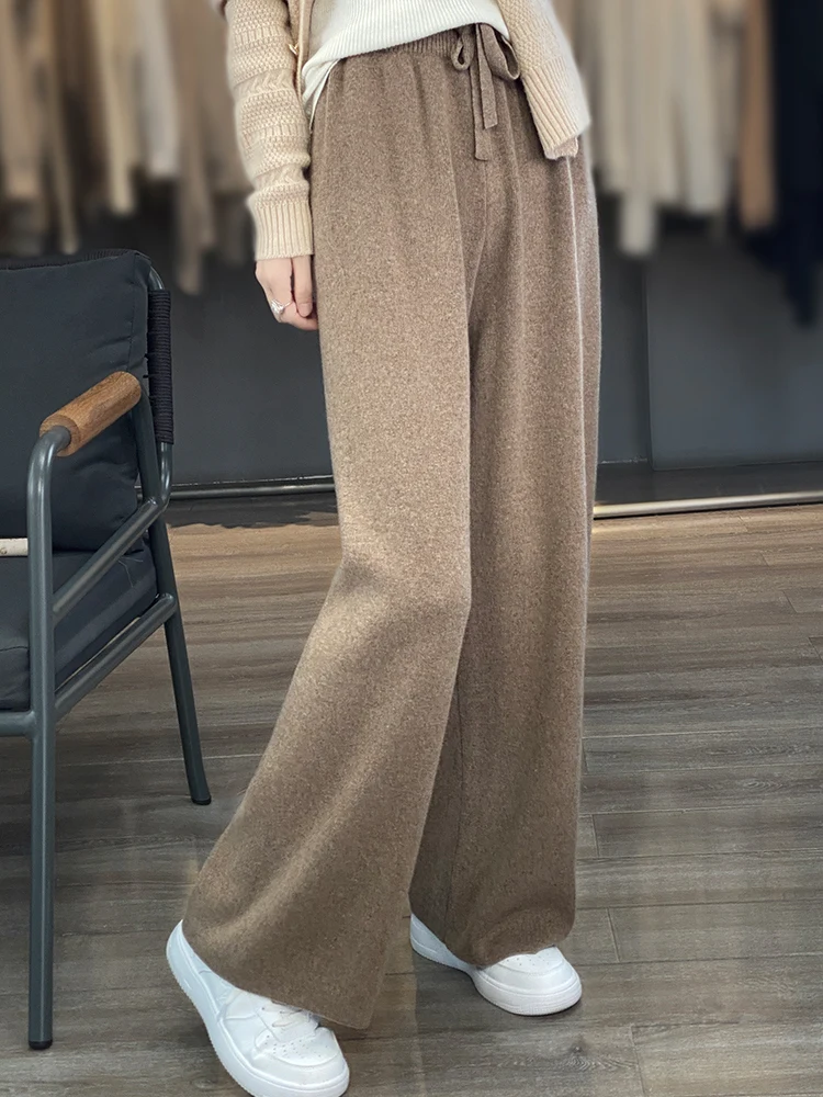 100% Merino Wool Women's Lazy Wid-Leg Pants Soft Skin-Friendly Fluffy Durable Autumn Winter Multi Color Stylish Warm Garment