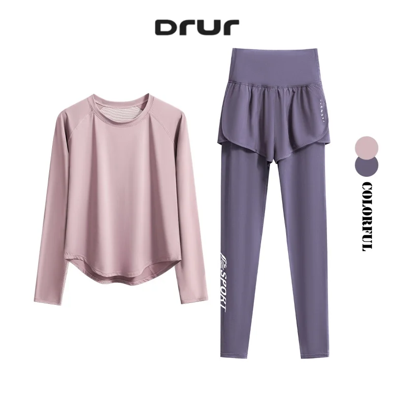 

DRUR Autumn Yoga Set 2 Piece Quick Dry Workout Outfit Gym Wear 2pcs Loose Fit Sports Top High Waist Legging Suit Women Tracksuit