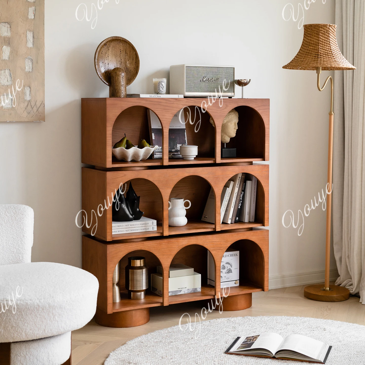 

French vintage arched bookcase, living room, multi-layer storage cabinet, solid wood shelf, floor-to-ceiling display shelf