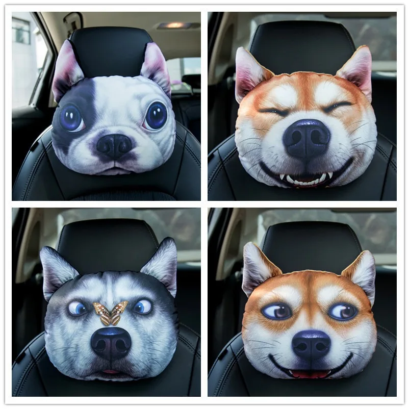 Car Seat Headrest Cartoon 3D Spoof Pet Dog Universal Comfortable Soft Plush Seat Headrest Travel Car Accessories