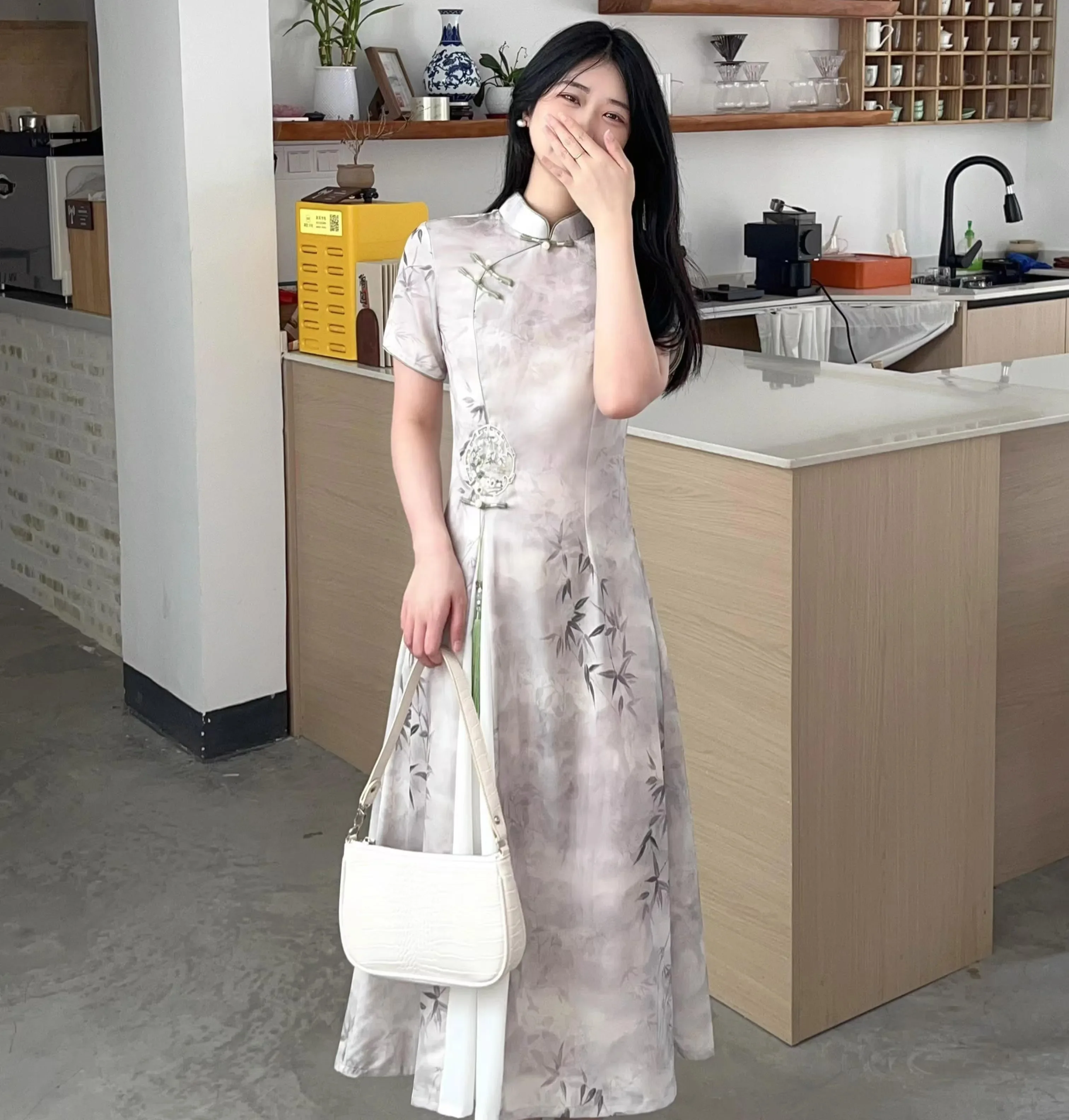 Vintage Summer A-line Chinese Puff Short Sleeve Korean Style Modern Women Cheongsam Improved Dress