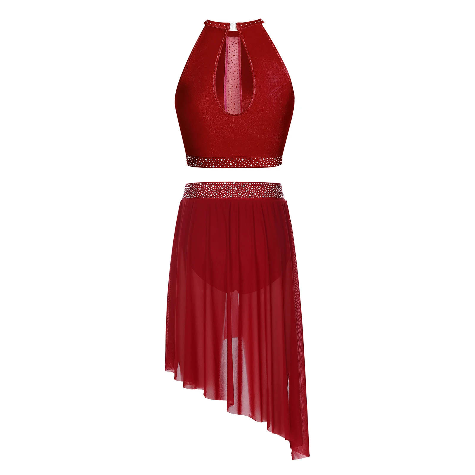Women Modern Dance Set Sleeveless Keyhole Back Rhinestone Crop Top with Side Split Irregular Hem Skirt for Lyrical Dance Outfit