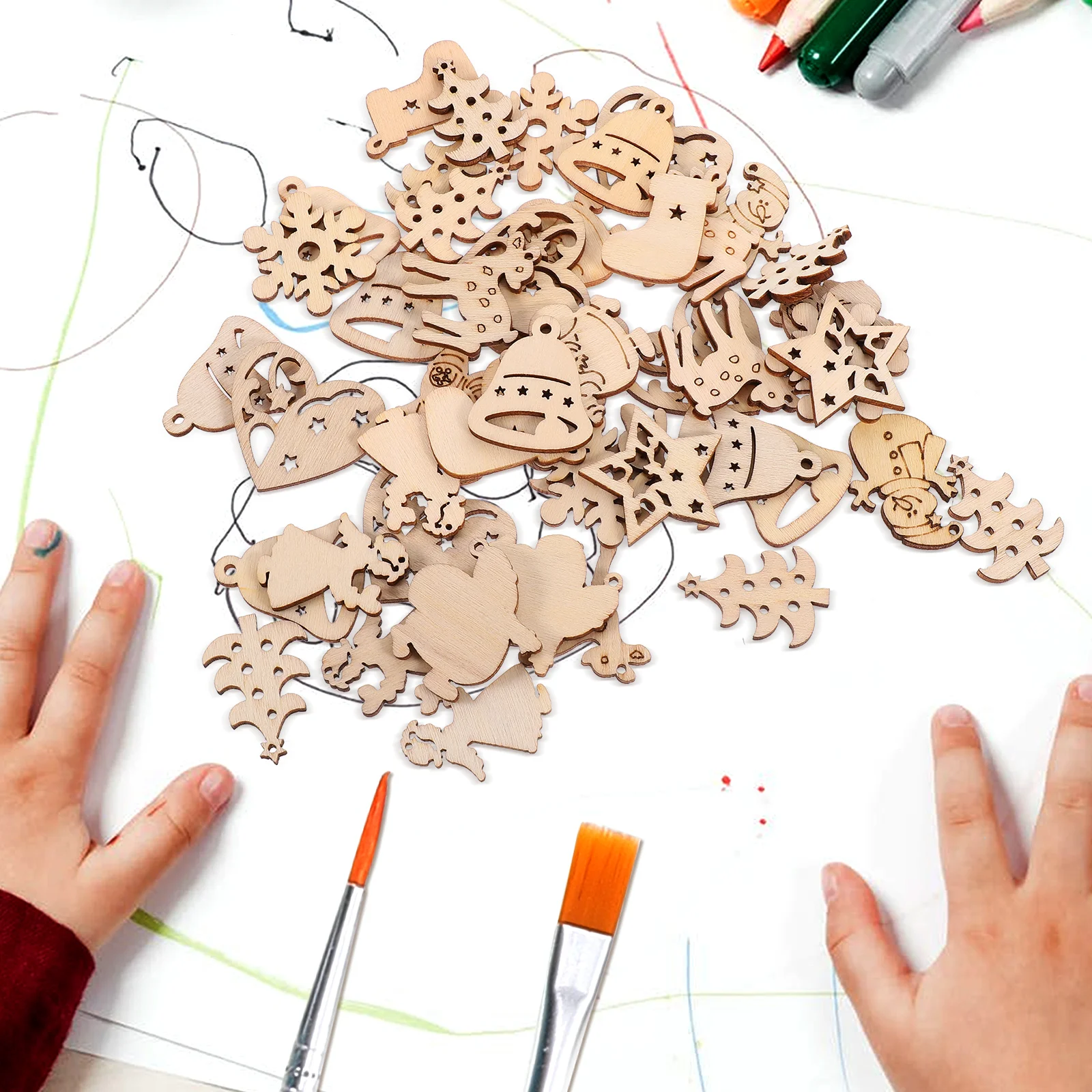 

100Pcs Christmas Wooden Cutouts DIY Wooden Slices Delicate Pattern Easy to Color Craft Supplies Xmas Wood Cutouts