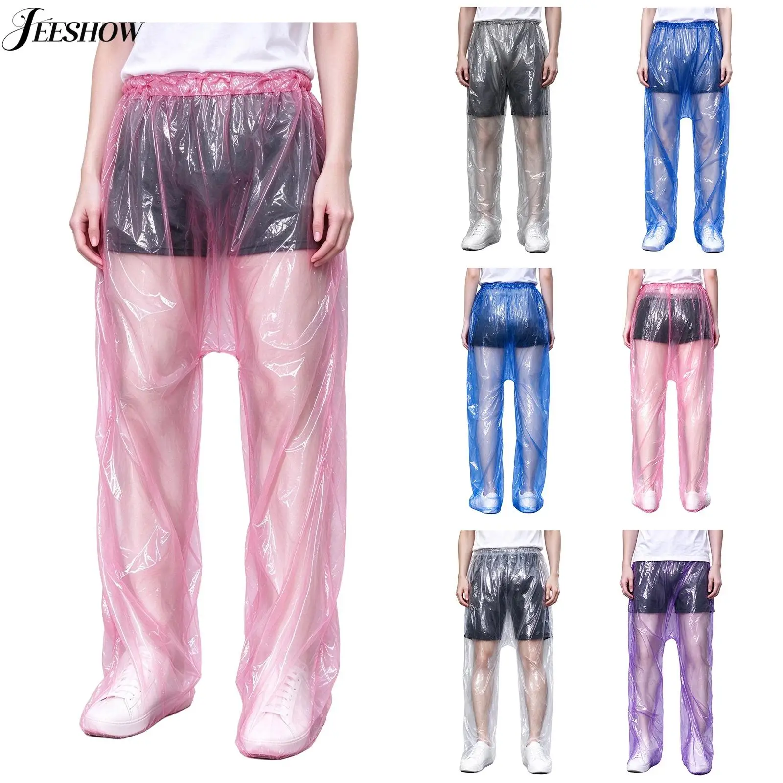 Unisex Adult Waterproof Rain Pants Transparent Elastic Waistband High Waist Foot-covering Trouser for Rainy Day Cycling Fishing
