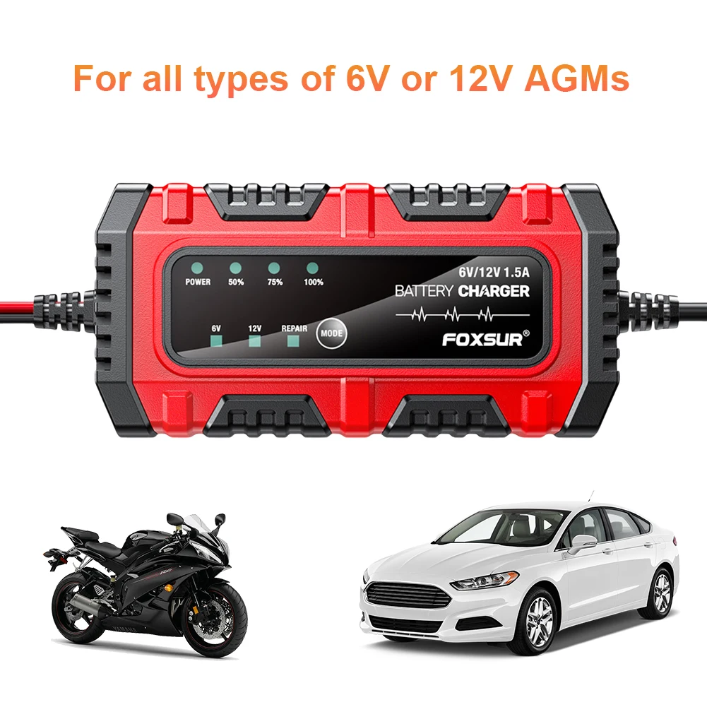 6V 12V 1.5A Car Battery Charger Smart Charger Car and Motorcycle Battery Charging Unit for Lead-Acid AGM GEL Batteries