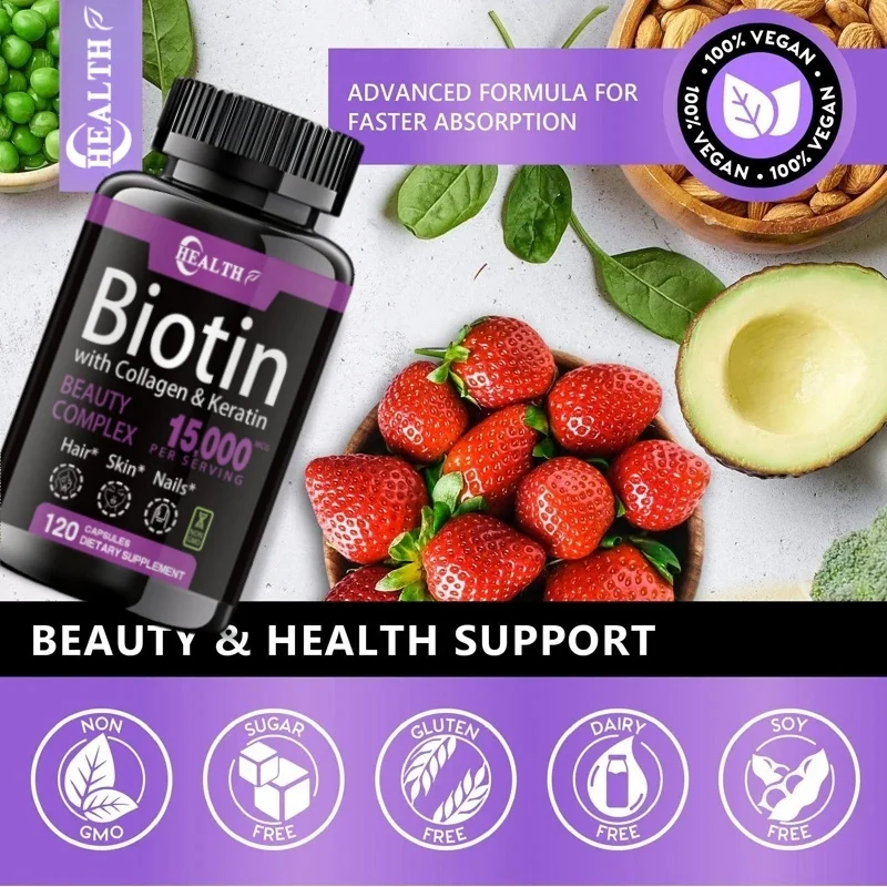 Biotin Collagen Keratin Supplement for Hair Skin Nail NonGMO 120 Capsules