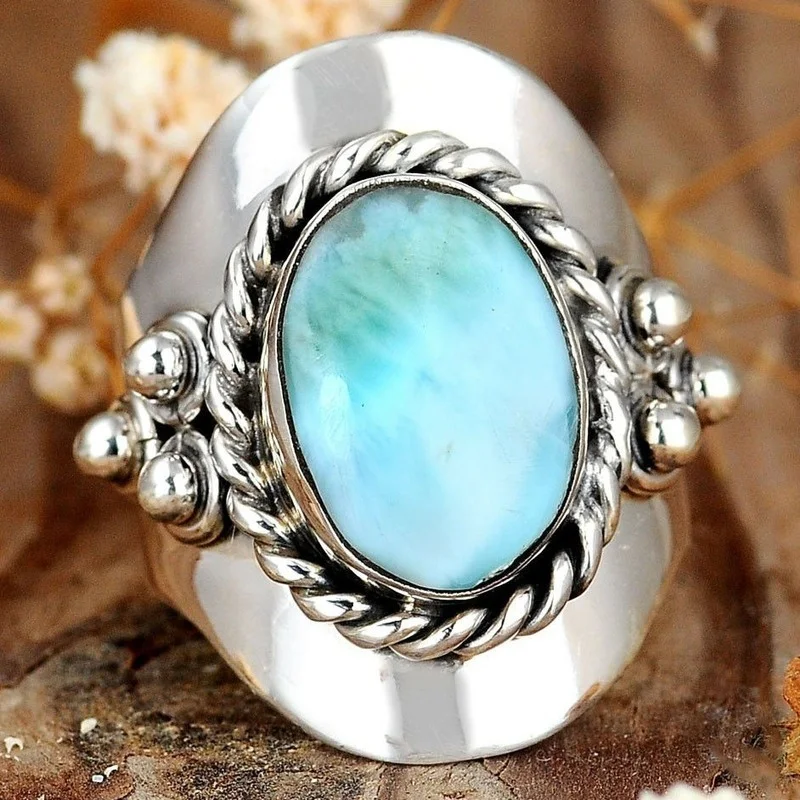 Larimar Ring  Boho Blue Stone Statement Handmade Gem Size 5-12