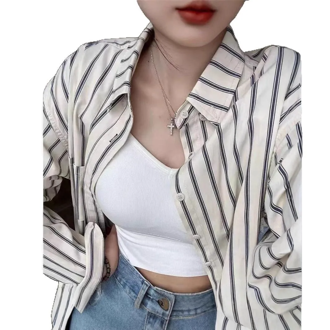 Spicy Girl Striped Long Sleeve Lightweight Hong Kong Style Unique Design Women's Loose Summer Outerwear ShirtYY137
