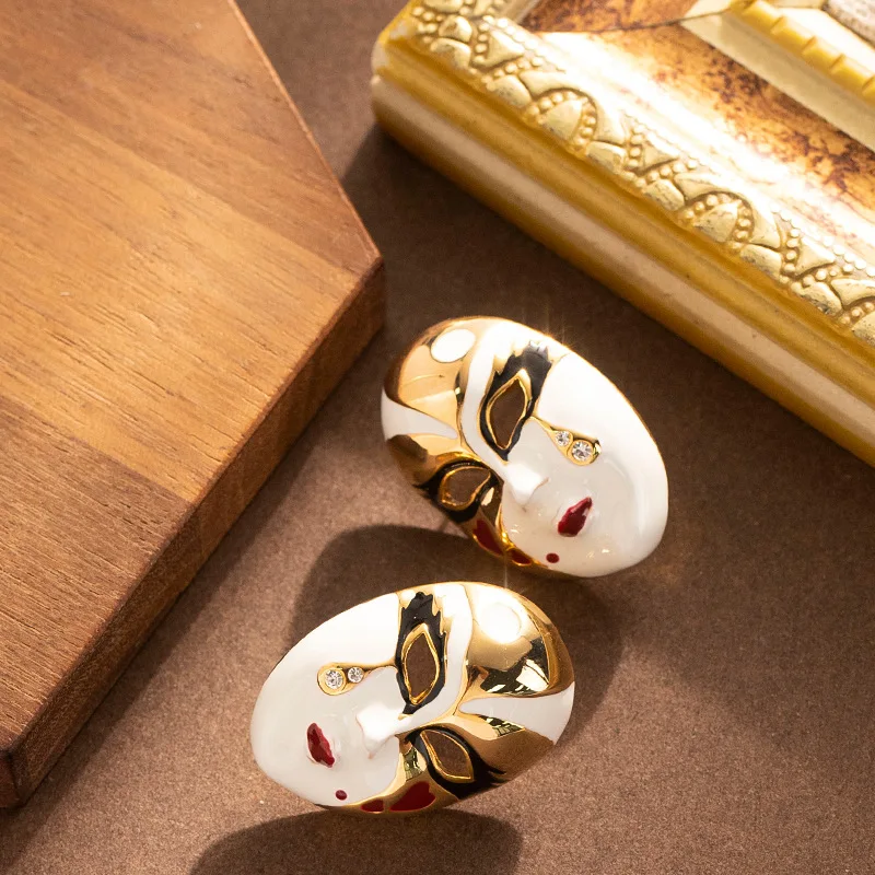 Guochao retro personality new Chinese style oil dripping Peking Opera face mask earrings women's advanced sense creative court s