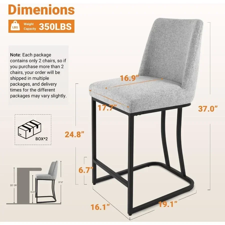 Counter Height Bar Stools 4, 24 Inch Seat Height Bar Chairs for Kitchen Island, Linen Fabric Upholstered Barstools with Metal F