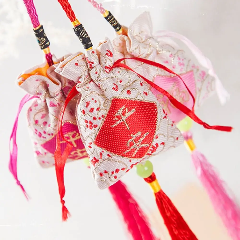 Embroidery Flower Tassel Drawstring Bag Beaded Fu Letter Canvas Ethnic Flower Handbag Hanfu Decoration Mini Coin Purse