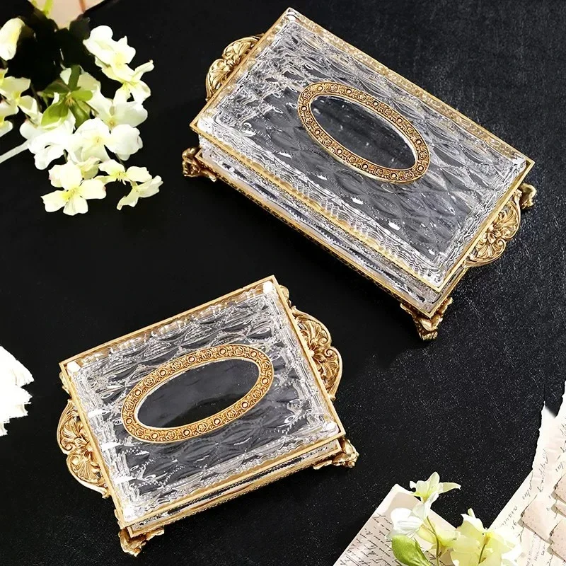 Crystal glass brass tissue box, living room pumping carton, light luxury creative dining table ornament