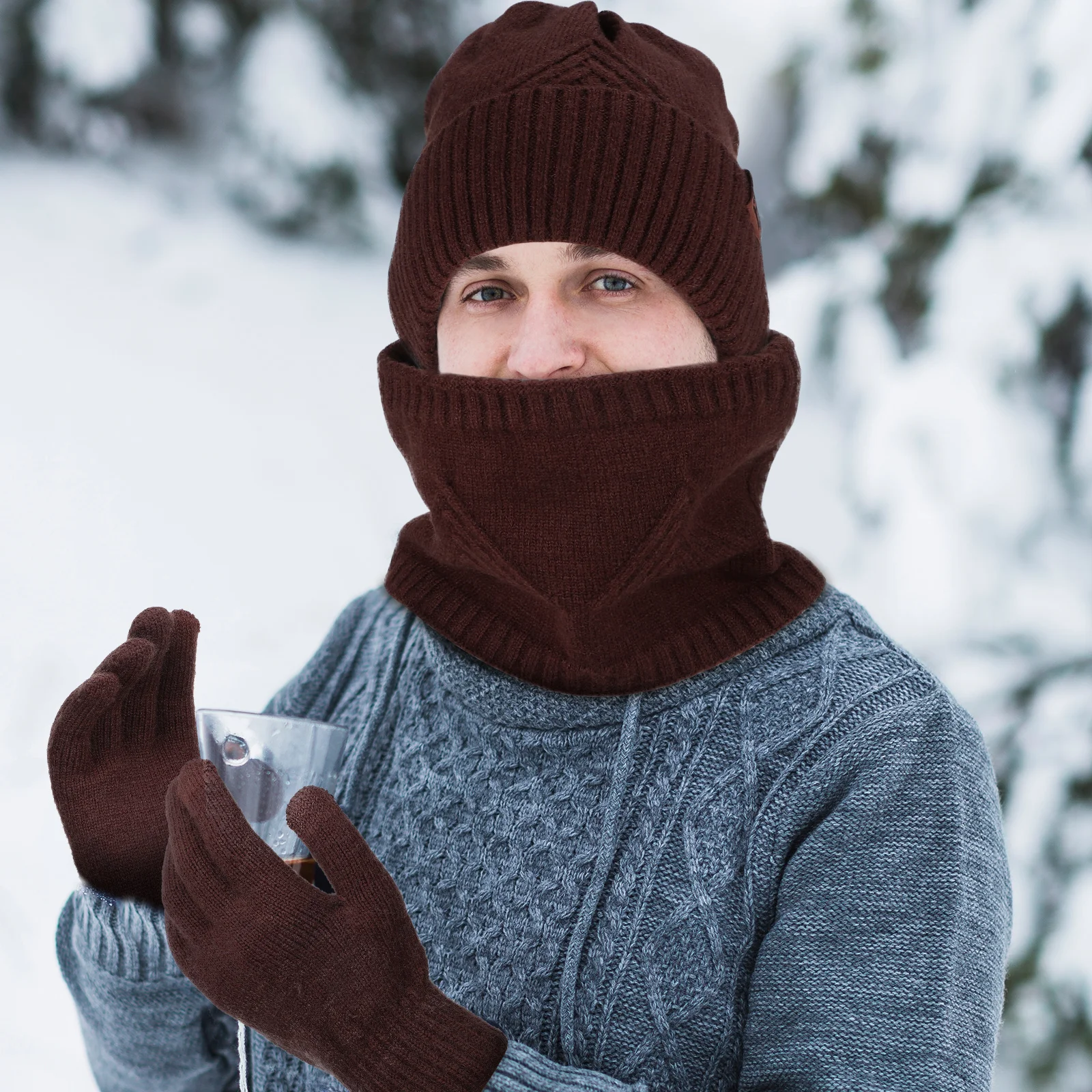 

Touchscreen Gloves Hat Scarf Set Warm Knit Winter Accessories Universal Fit For Outdoor Camping Snow Travel Cold Weather