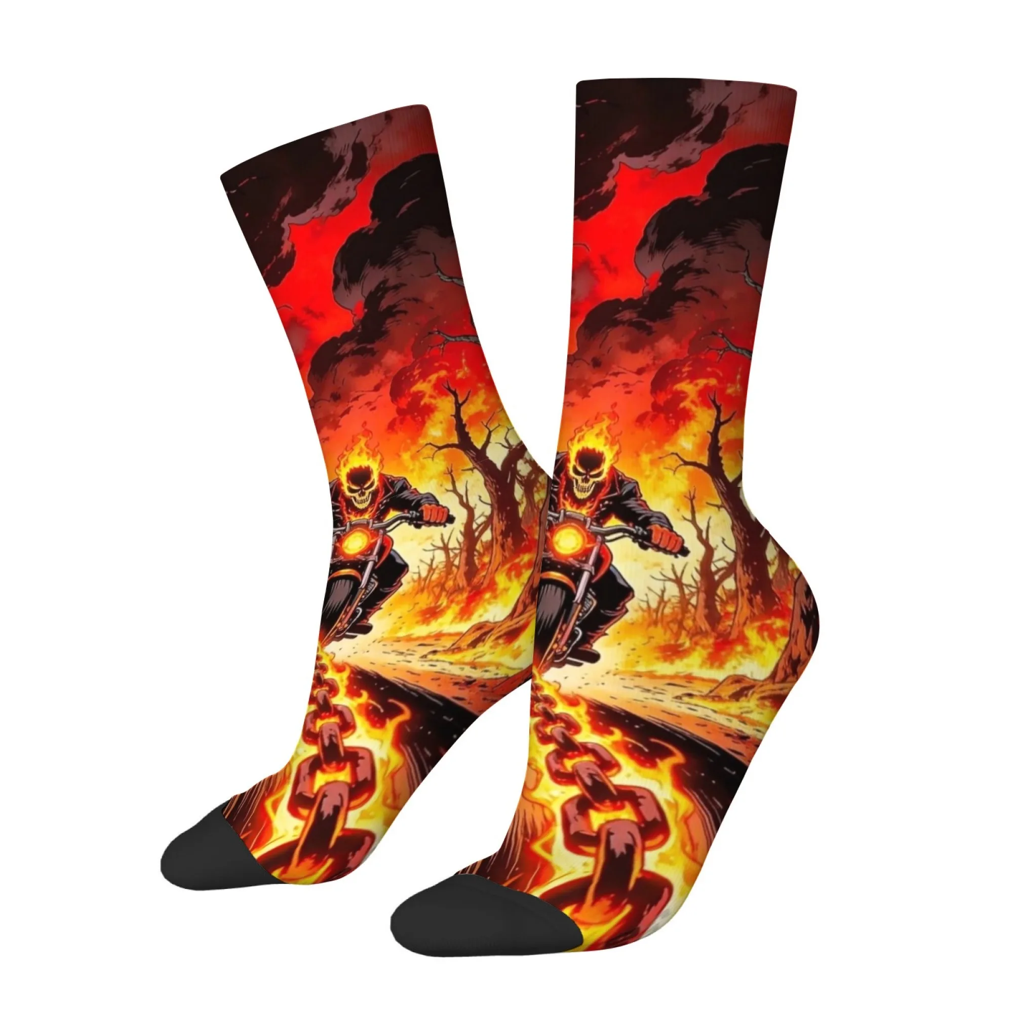 Flame Motorcycle Skull Print Men's Socks Comfortable Skin-Friendly Breathable Street Hip Hop Fashionable Outdoor Funny Fun Socks