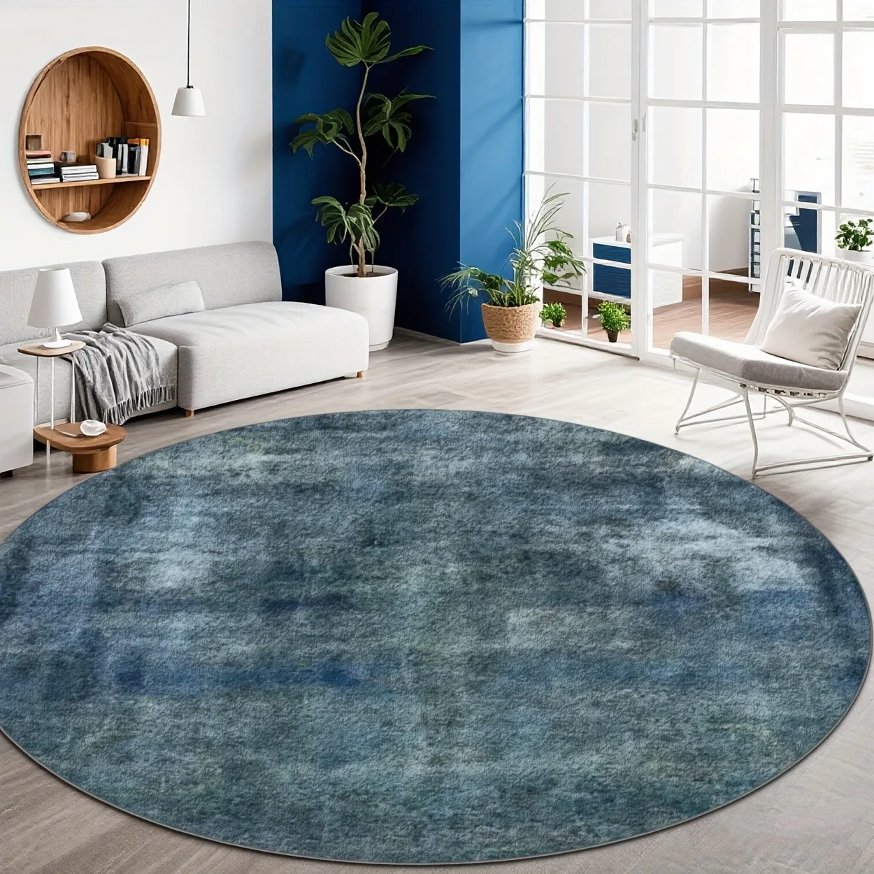 Abstract Blue White Brush Stroke Round Rug Block Texture Print Soft Circular Mat Indoor Outdoor Modern Home Decor Carpet