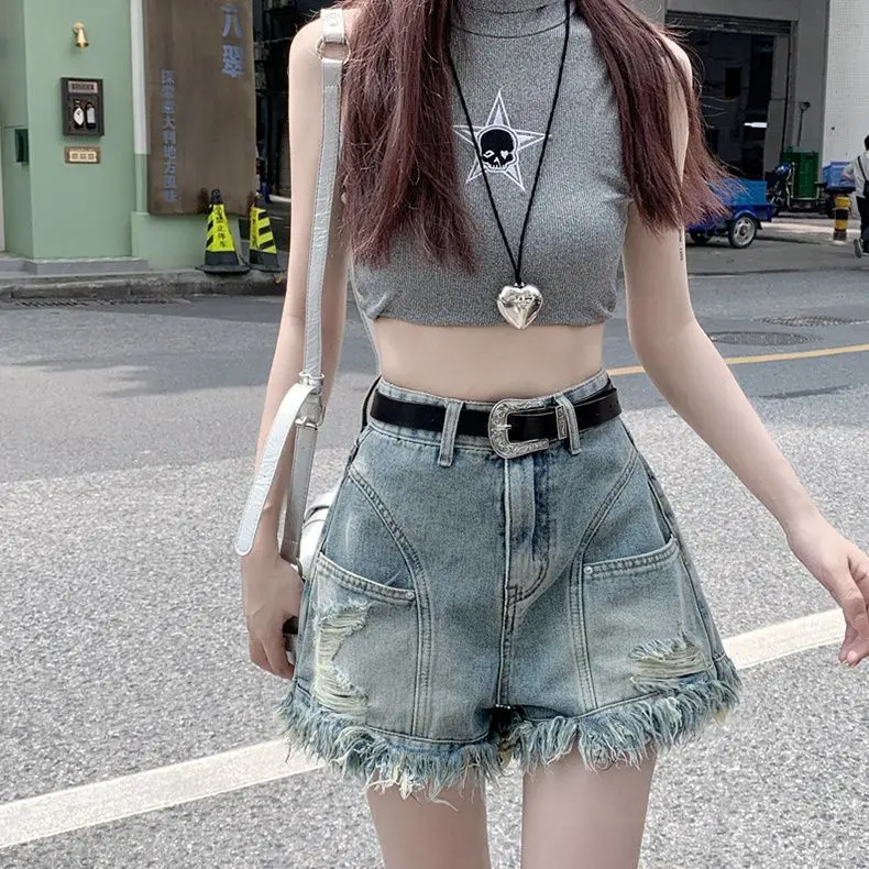 Lagged Burr High Waist Denim Shorts Women Summer New Style Niche Casual Versatile Retro Slimming Design A-Line Pants