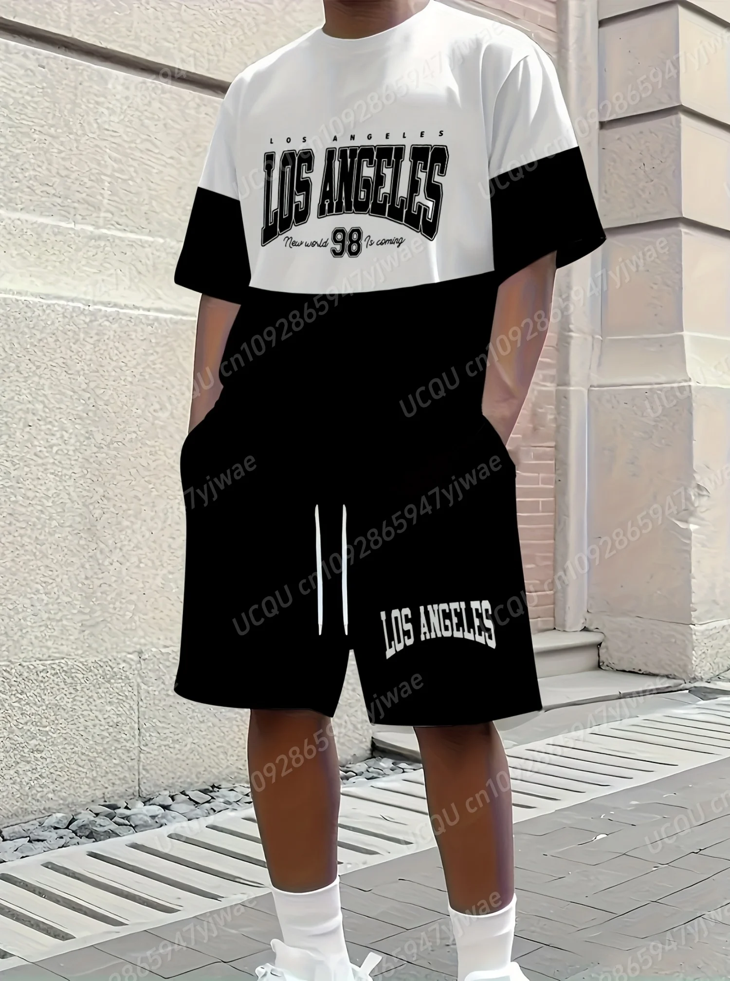 

Summer Color Blocked Los Angeles 98 Print Men's Casual Short Sleeve T-Shirt Shorts Set Basketball Jogging tracksuit 2 Piece Set
