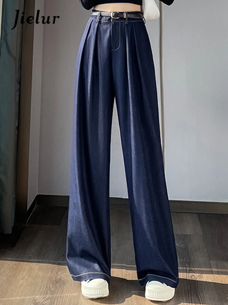 

Jielur New Blue High Waist Loose Female Wide Leg Pants Solid Color Chic Belt Fashion Full Length Basic Simple Casual Women Pants