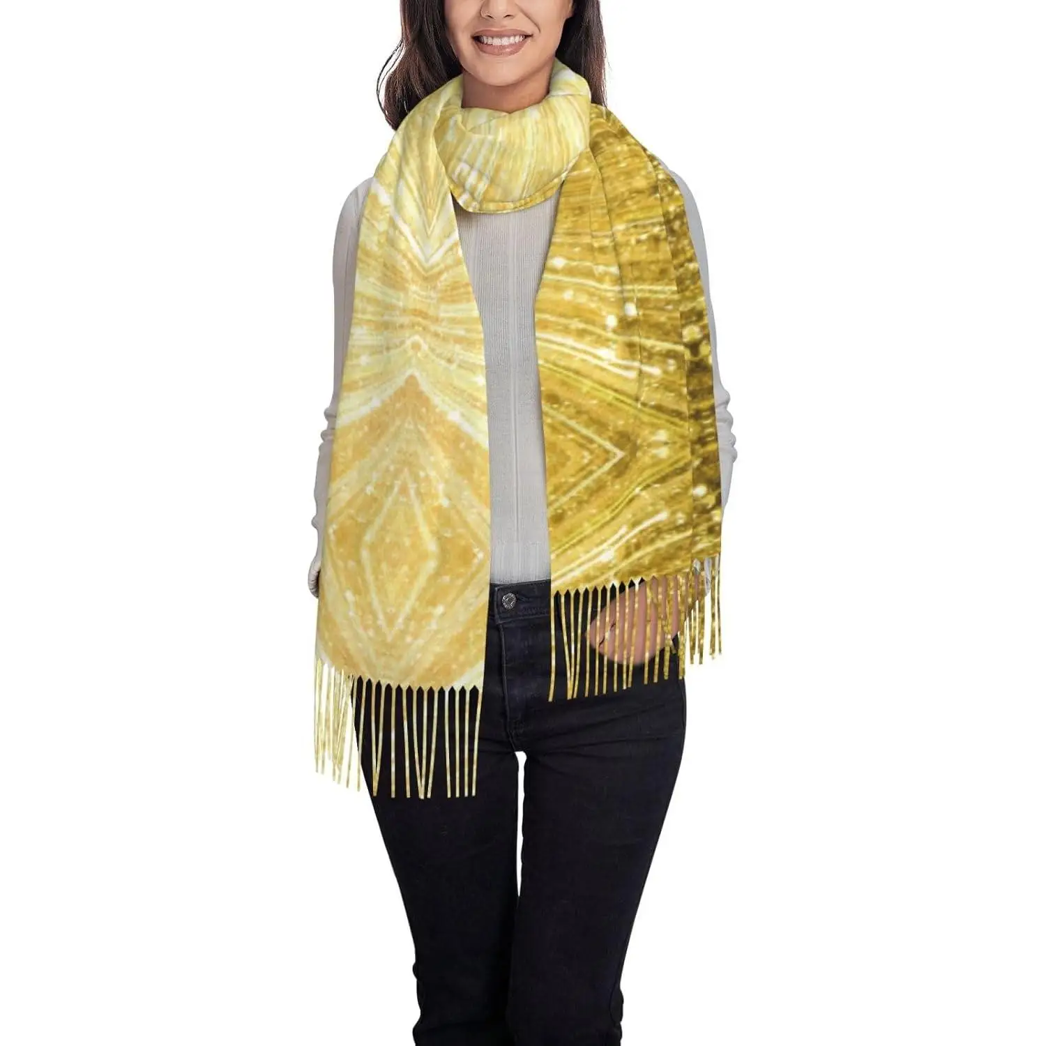 

Золотой блестящий женский шарф с бахромой, мягкий и легкий шарф из полиэстера с кисточками, осень-зима, модные подарки, повседневные путешествия, офис