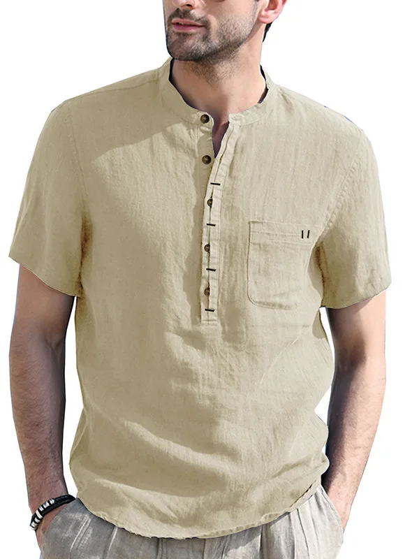 

Casual Vintage Henry Collar ort Sve irt Faionable Urban Sle Youth Summer Soft Luster Thin Fabric Stand Collar Butt...