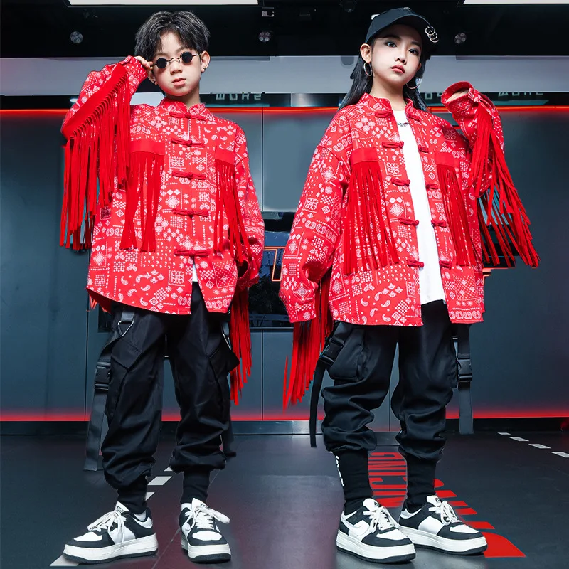 Conjuntos de ropa de Jazz de Hip Hop para niños y niñas, chaqueta roja de manga larga con borlas estampadas, Top y pantalones, trajes de baile callejero para adolescentes