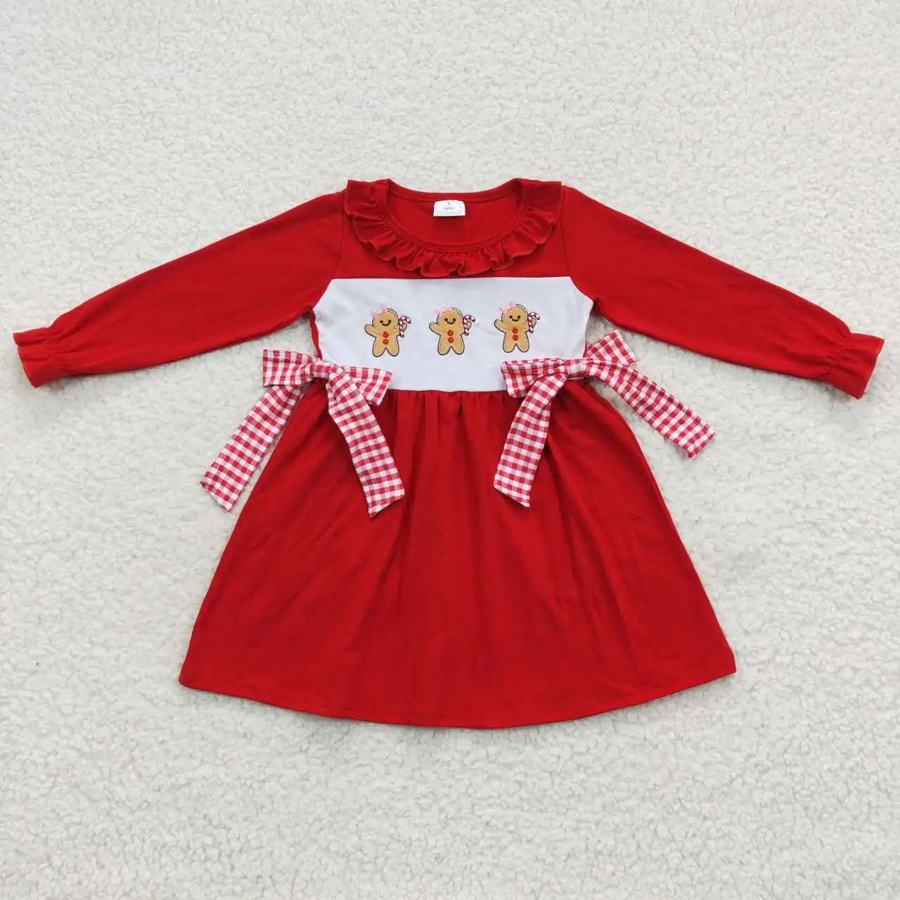 New Girl Dress Wholesale Boutique Embroidered Gingerbread Man Red Plaid Bow Knot Long Sleeve Dress