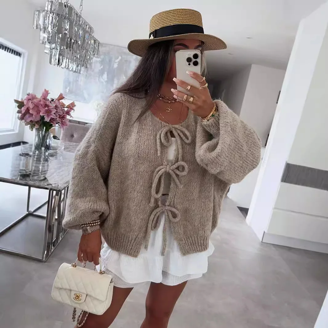 Korean Crewneck Lace-up Knitted Cardigan Jacket for Autumn Winter 2024 New Solid Color Commuter Sweater for Women Cardigans