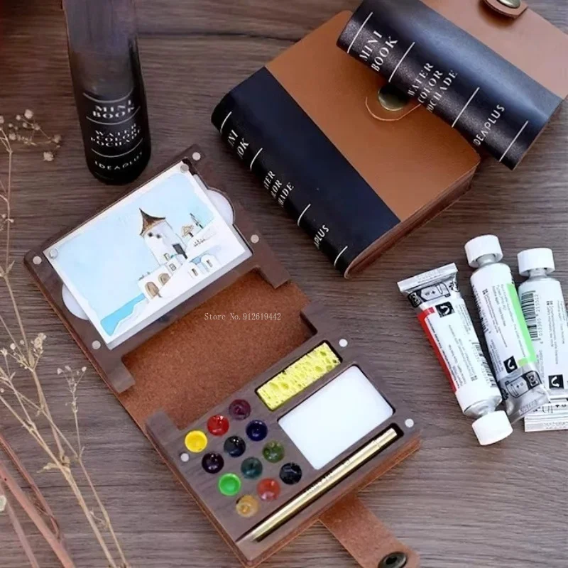 12-grid Walnut Wood Watercolor Palette Portable Box Brush/paper Travel Set Artist Student Sketching Outdoor Painting Supplies