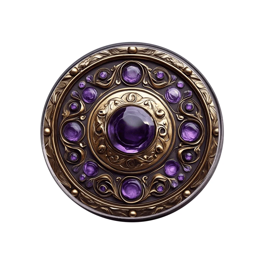 Flat Stainless Steel Glass Brooch Vintage Purple Gem Magic Shield Ornate Medieval Gothic Style Lapel Pin