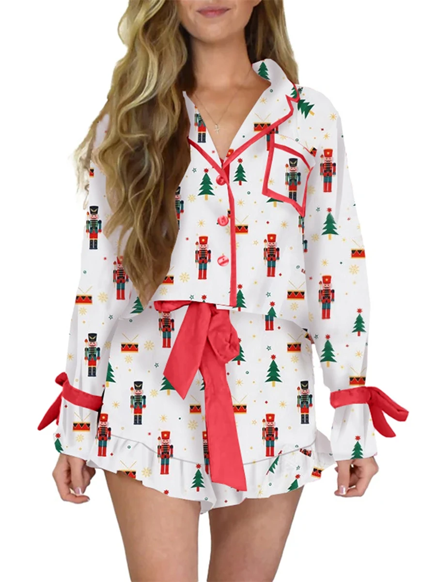 2025 New Women Christmas Pajamas Set Santa Print Bow Tie Long Sleeve Shirts Shorts 2 Piece Sleepwear Outfits Loungewear