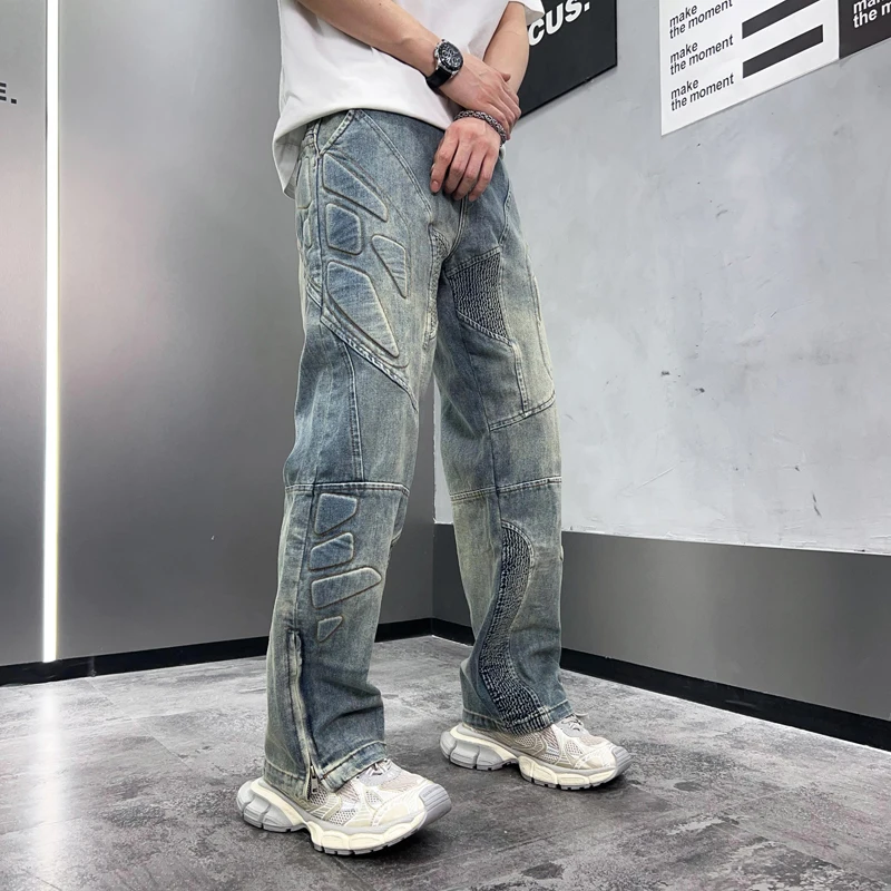 Jeans de alta qualidade com estampa solta masculina, padrão de tubo reto, marca elegante, perna larga, calça jeans casual perfurado