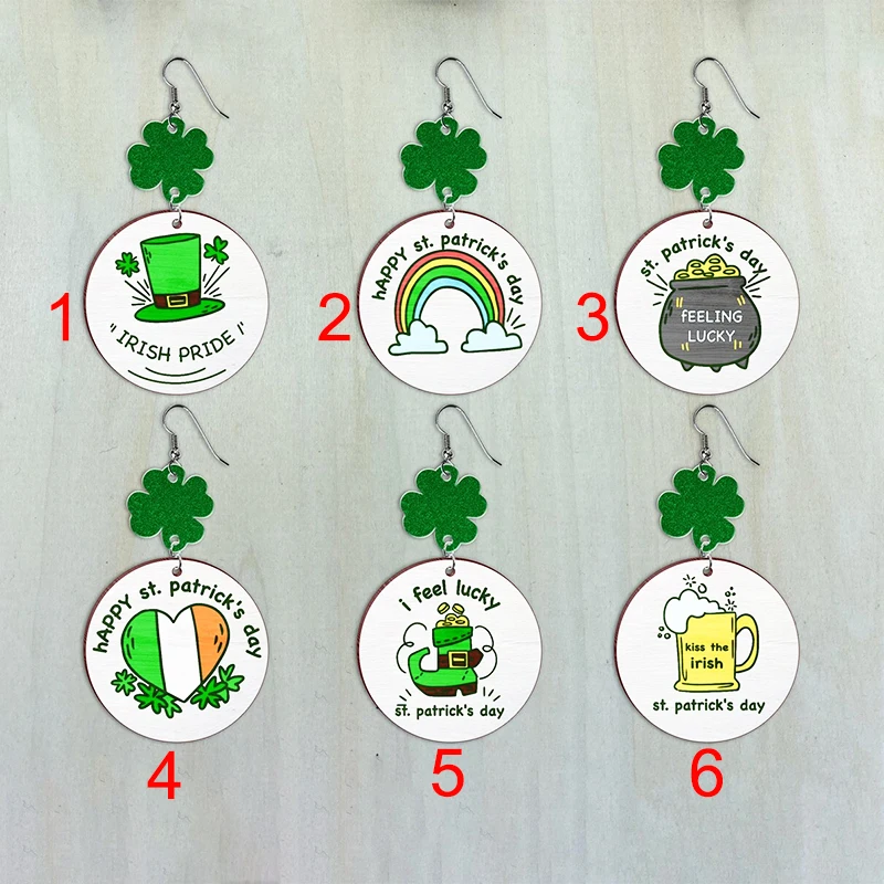 

New Wood Earrings Green Day St. Patrick's Day Shamrock Lucky Carnival Four-leaf Clover Beer Hat Rainbow Earrings for Women