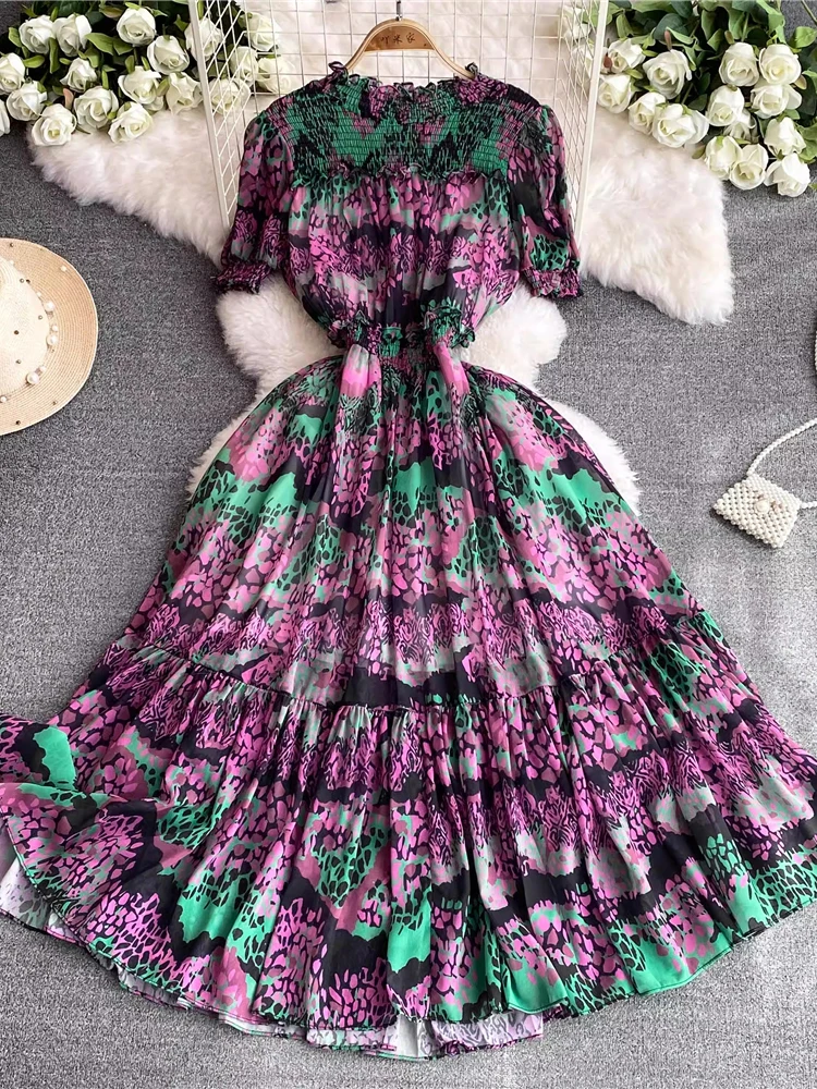 

Summer Vintage Women Print Chiffon Long Dress Elegant Ruffle O-Neck Short Sleeve High Waist A-Line Maxi Vestidos Female Robe New