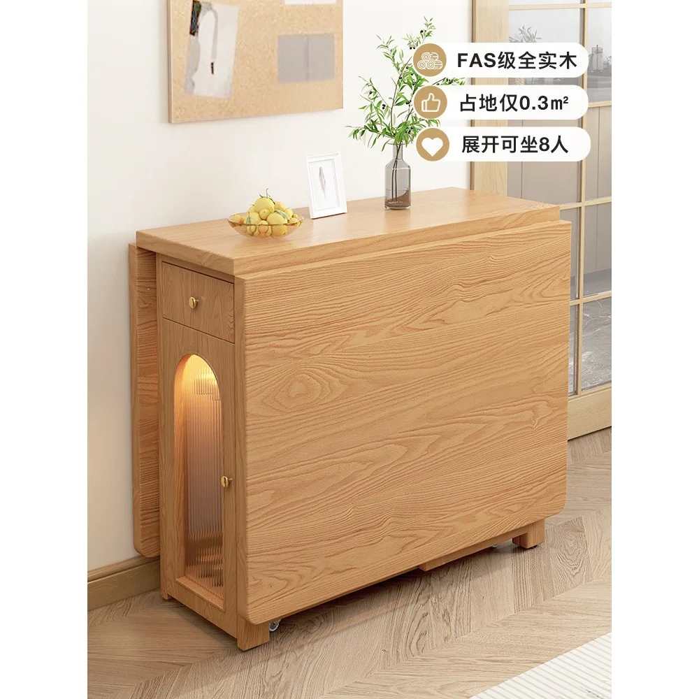 All solid wood folding dining table household small apartment multi-functional mobile diningtable new restaurant log style mode