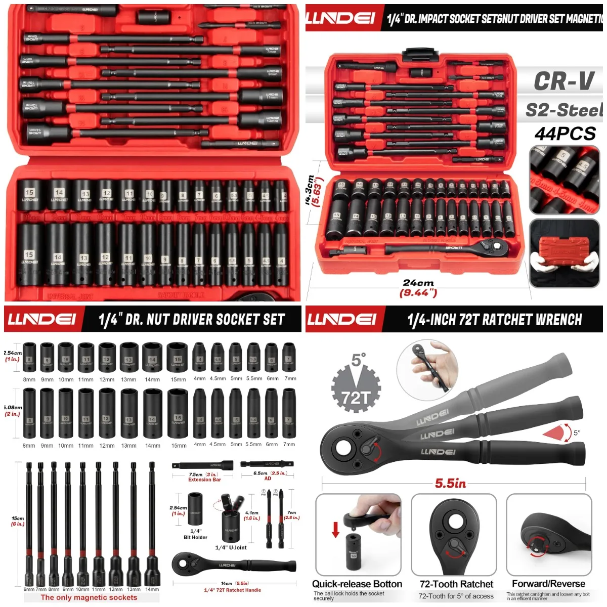 

1/4' Drive Socket Set 44PCS, Metric Sockets 4-15mm with Ratchet & 6' Hex Nut Drivers 6-14mm for Impact Drill