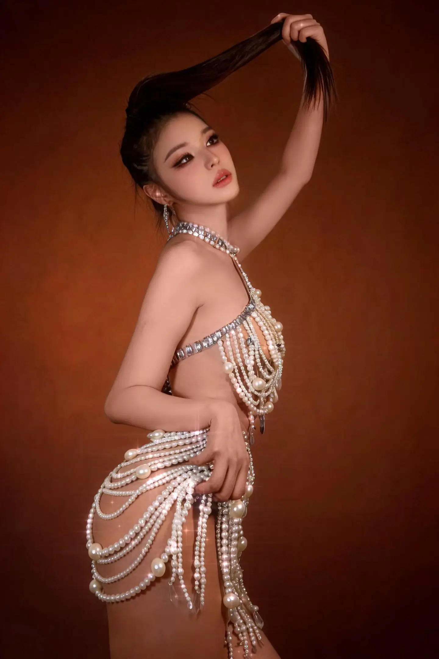 Sparkly Rhinestone Pearls Crop Tops Mini Skirt 2Pieces Set Sexy Women See Through Birthday  Celebrate Costume Party Wear Yunzhu - view 5