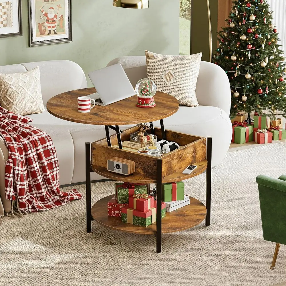 Farmhouse Style Lift Top Coffee Table with Storage and Hidden Drawer, 2-Tier Small Table for Living Space and Home Office, Rusti