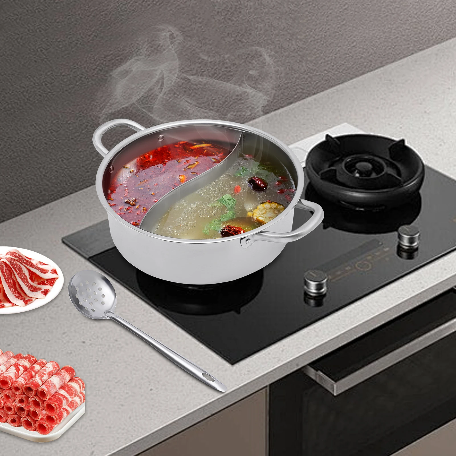 

32cm 304 Stainless Steel Divided Hot Pot Chinese Hotpot Yuanyang Soup Pot Induction Cooker Pot with Binaural Handles Glass Lid