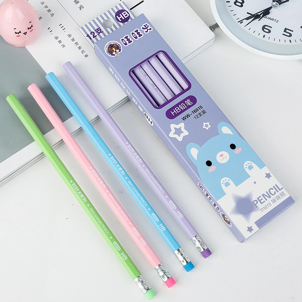 12 Pcs / Lot Wooden Pencil HB Pencil With Eraser Children\'s Drawing Pencil School Writing Stationery