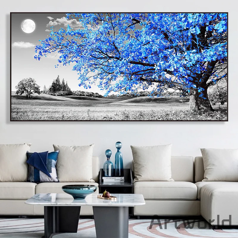 Blue Tree Modern Black and White Art Landscape Painting Wall Pictures Canvas Posters and Prints for Living Room Home Decor